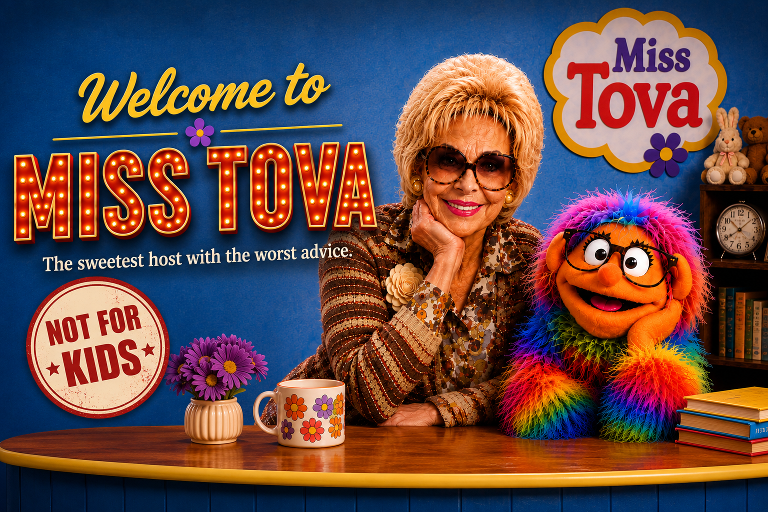 Miss Tova and her colorful puppet in their retro studio. The sweetest host with the worst advice. Not for kids.
